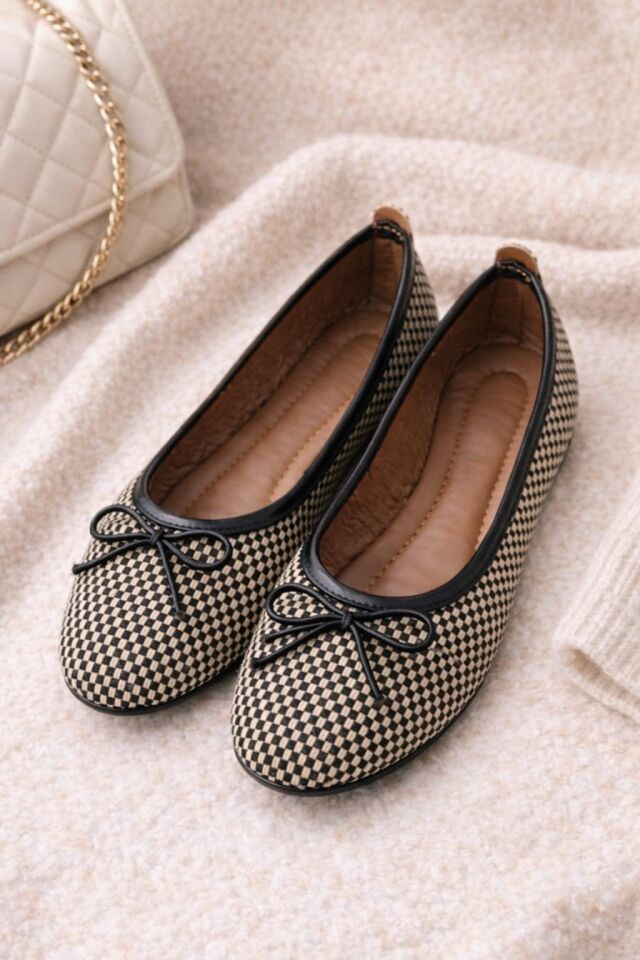 Tüvit Kumaş Mary Jane Babet Şık Tokalı Ortopedik Taban Günlük Ayakkabı BIYIKLI KARELİ SİYAH - 38