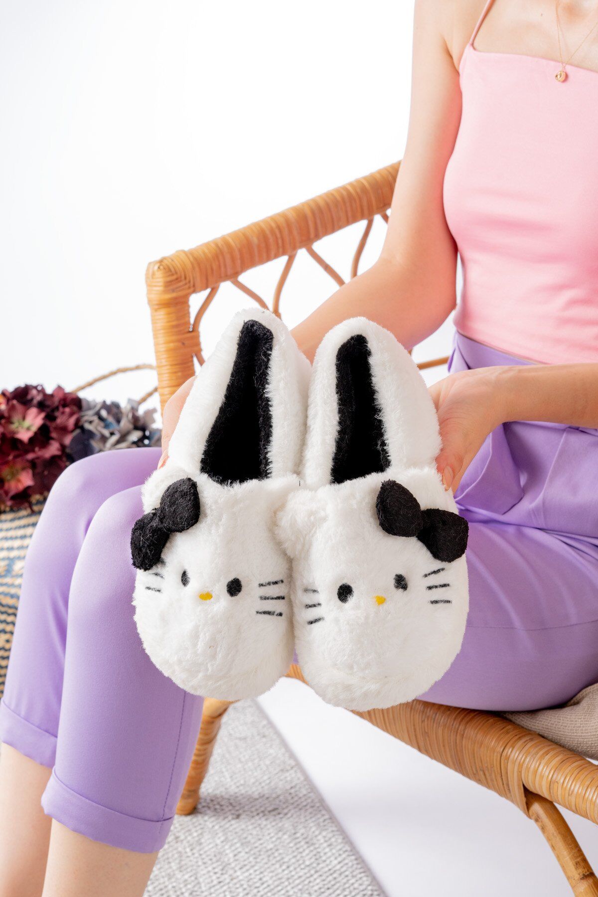 Yumuşak Tüylü Peluş Panduf Terlik Ev Kadın Panduf SİYAH - 34-35