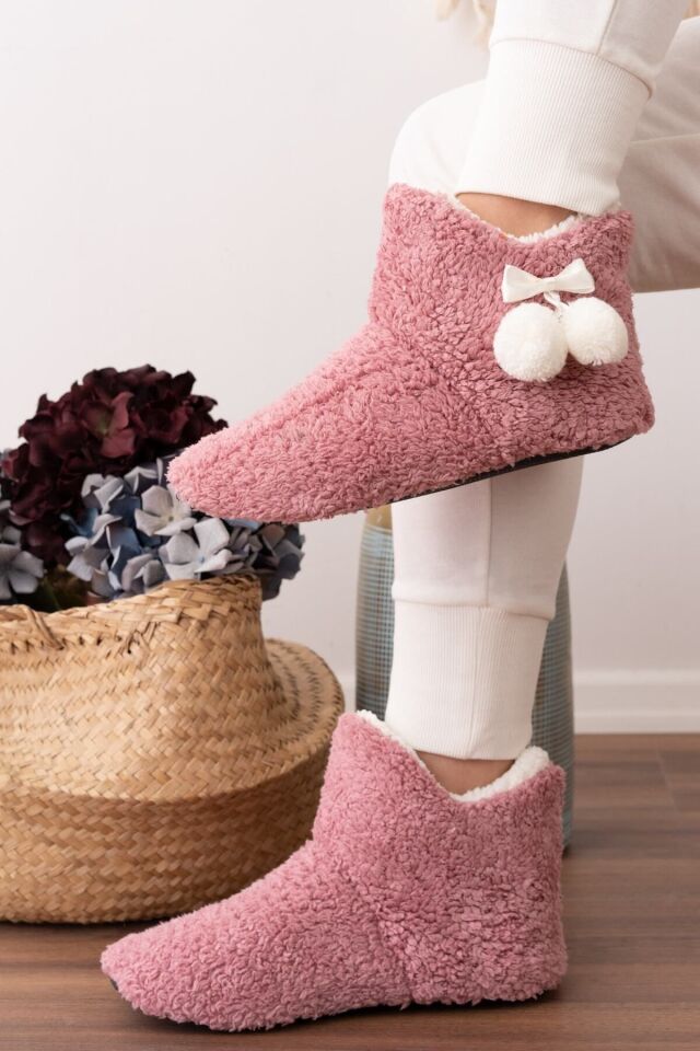 Kuzu Kumaş Yünlü Lüks Ponpon Detaylı Ev Botu Ev Pandufu GÜL KURUSU - 38