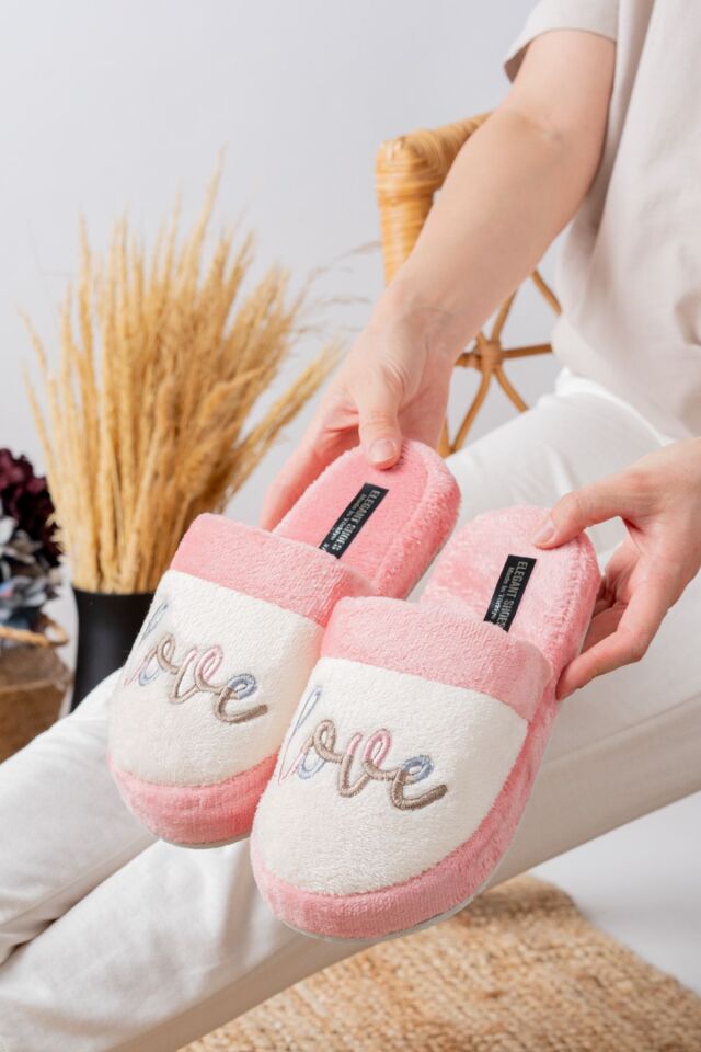 Kadın Love Baskılı Kışlık Ev Terliği-Misafir Ev Terliği PUDRA - 38