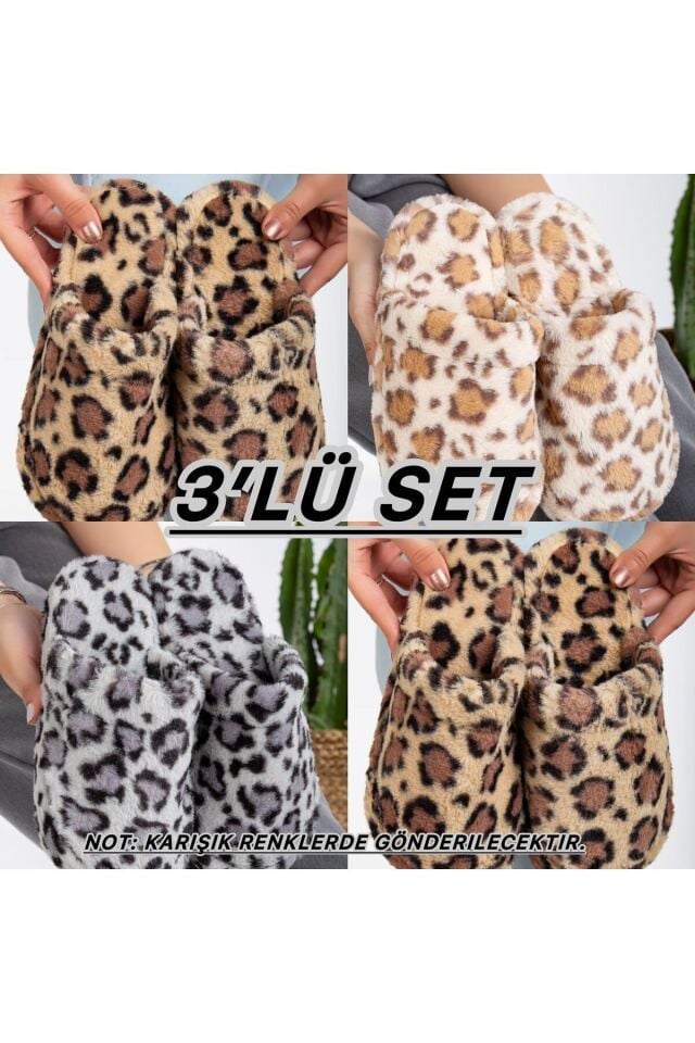3'lü Paket Önü Açık Terlik Ev Terliği Çeyiz Bohça Seti ÜÇLÜ LEOPAR - 40