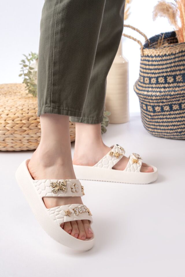 Kadın Taşlı Şık, Rahat, Konforlu Günlük Sandalet/Terlik BEYAZ - 36