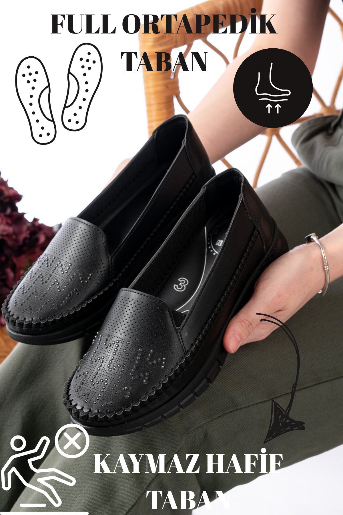 Kadın Taşlı Anne Ortopedik  Kaymaz Ayakkabı Babet SİYAH - 41