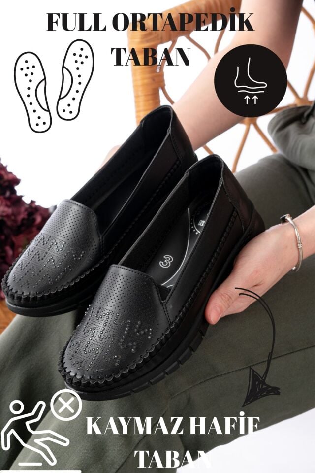 Kadın Taşlı Anne Ortopedik  Kaymaz Ayakkabı Babet SİYAH - 41