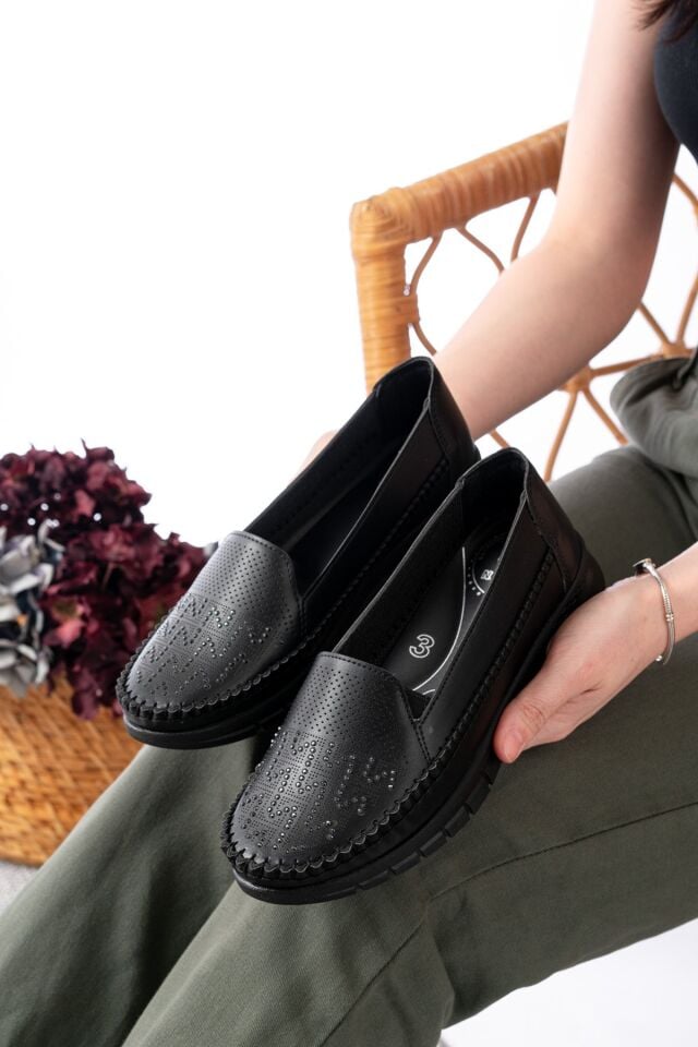 Kadın Taşlı Anne Ortopedik  Kaymaz Ayakkabı Babet SİYAH - 41