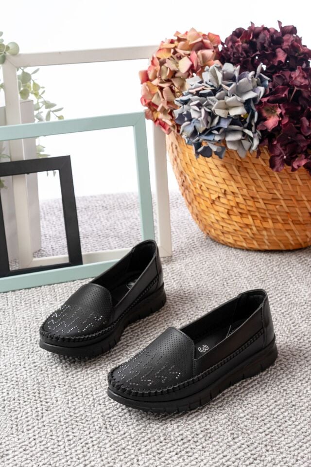 Kadın Taşlı Anne Ortopedik  Kaymaz Ayakkabı Babet SİYAH - 41