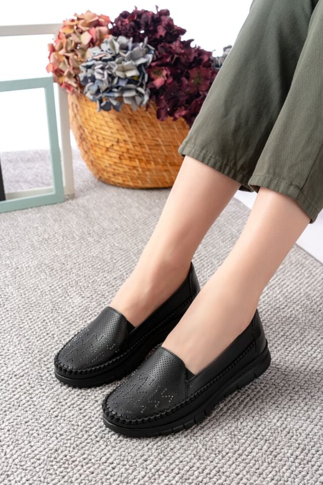 Kadın Taşlı Anne Ortopedik  Kaymaz Ayakkabı Babet SİYAH - 41