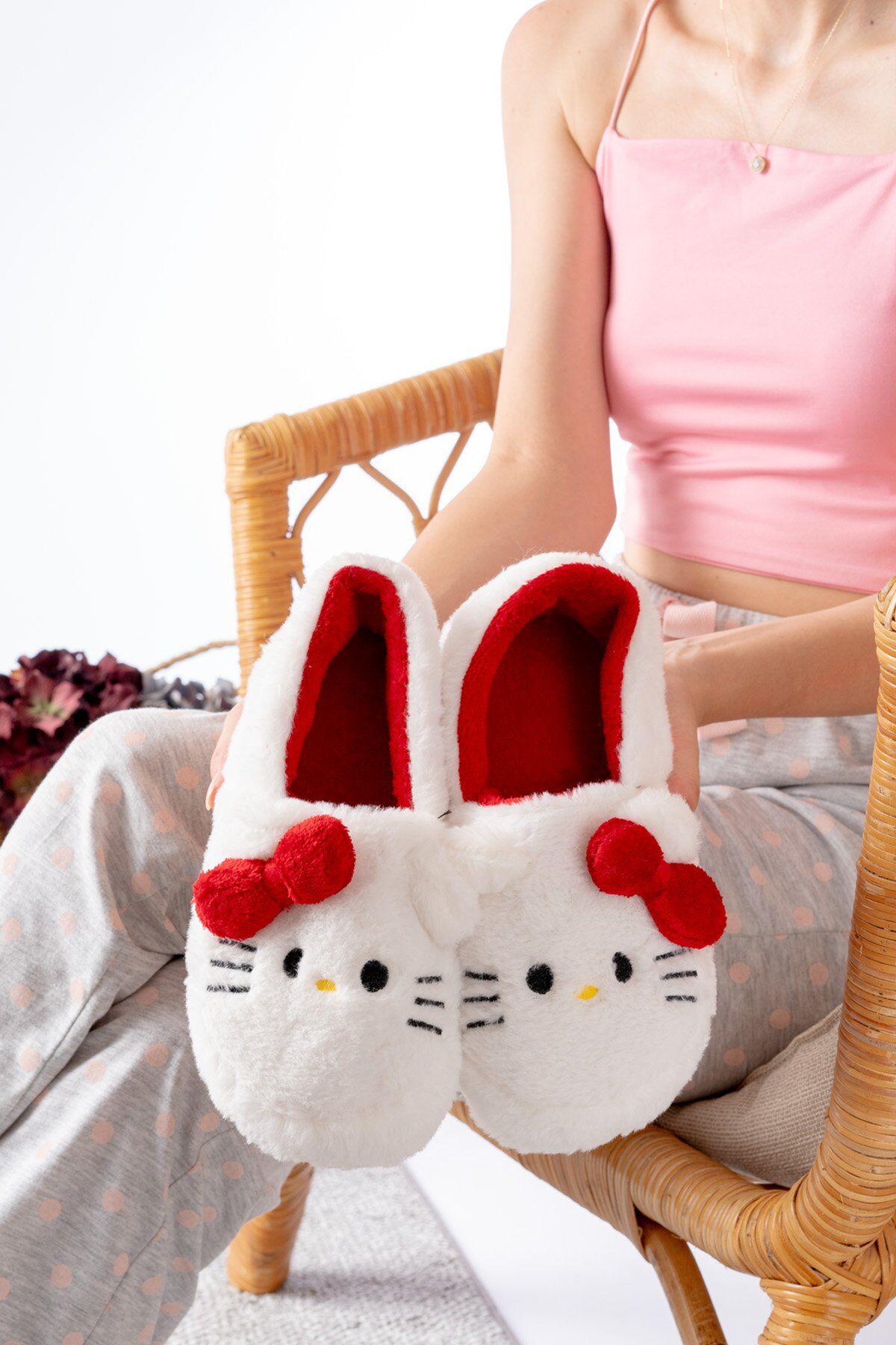 Yumuşak Tüylü Peluş Panduf Terlik Ev Kadın Panduf KIRMIZI - 30-31