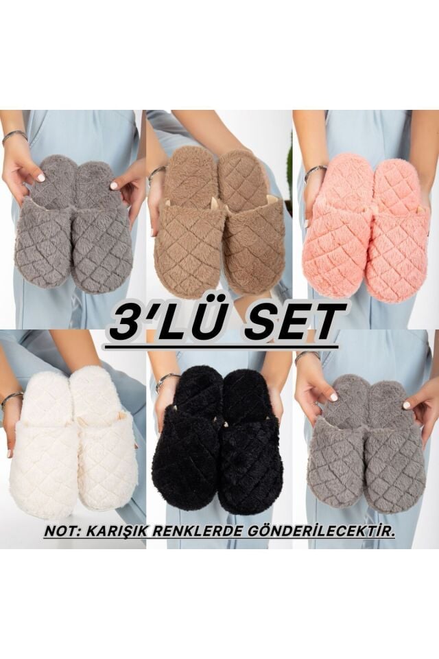 3'lü Paket Önü Açık Terlik Ev Terliği Çeyiz Bohça Seti KAPİTONETERLİK - 36-37