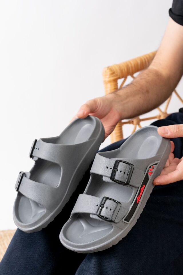 Çift Tokalı Kaymaz Kalın Taban Yumuşak Esnek Hafif Rahat Plaj Balkon Banyo Günlük Terlik GRİ - 42