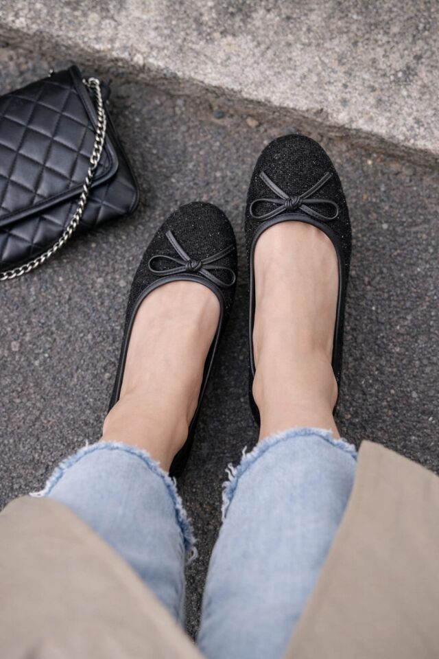 Tüvit Kumaş Mary Jane Babet Şık Tokalı Ortopedik Taban Günlük Ayakkabı BIYIKLI SİYAH - 40