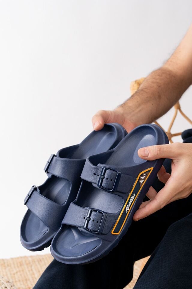 Çift Tokalı Kaymaz Kalın Taban Yumuşak Esnek Hafif Rahat Plaj Balkon Banyo Günlük Terlik LACİVERT - 40