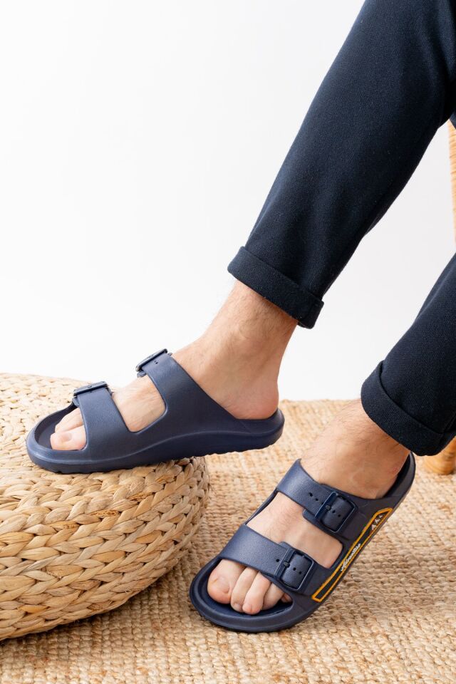 Çift Tokalı Kaymaz Kalın Taban Yumuşak Esnek Hafif Rahat Plaj Balkon Banyo Günlük Terlik LACİVERT - 40