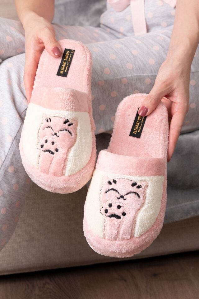 Kadın Kedi Pati Baskılı Kışlık Ev Terliği PUDRA - 38