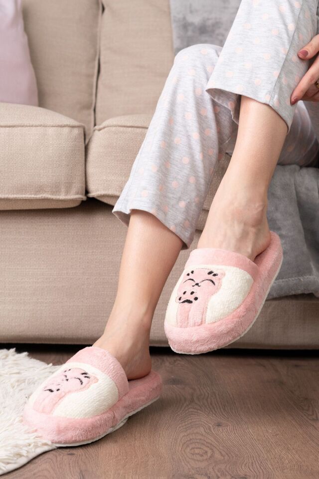 Kadın Kedi Pati Baskılı Kışlık Ev Terliği PUDRA - 36