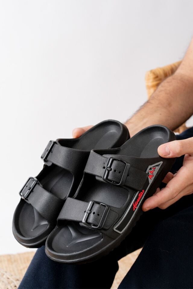 Çift Tokalı Kaymaz Kalın Taban Yumuşak Esnek Hafif Rahat Plaj Balkon Banyo Günlük Terlik SİYAH - 44