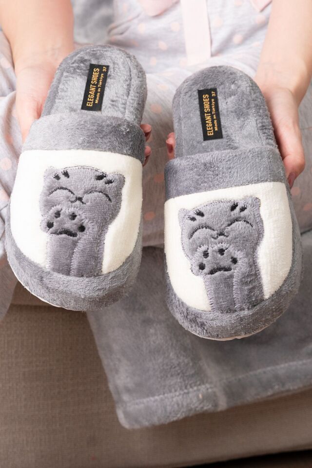 Kadın Kedi Pati Baskılı Kışlık Ev Terliği GRİ - 36