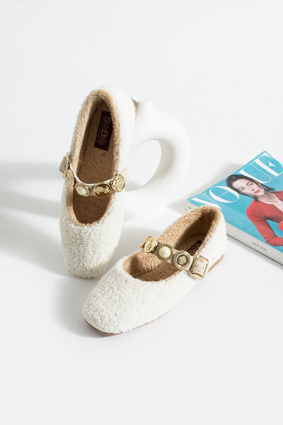 Kadın Peluş Toka Detay Düz Taban Ev Babet BEYAZ - 41