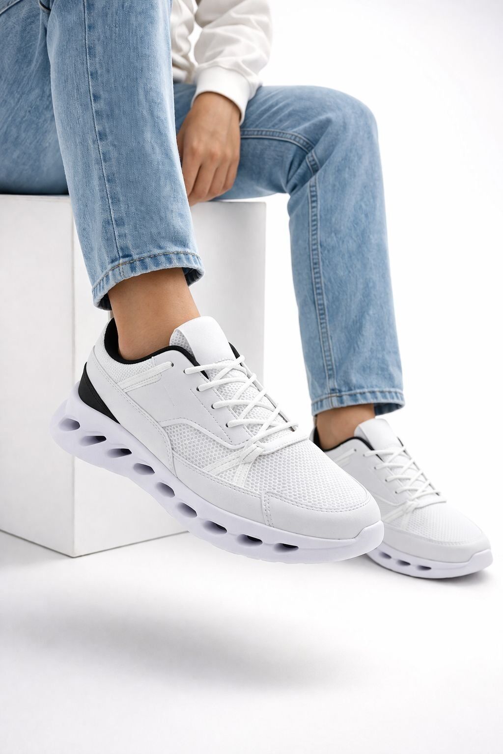 Erkek Beyaz Street Style Sneaker Hafif Esnek Taban Günlük Kullanım Spor Yürüyüş Ayakkabısı BEYAZ-SİYAH - 42