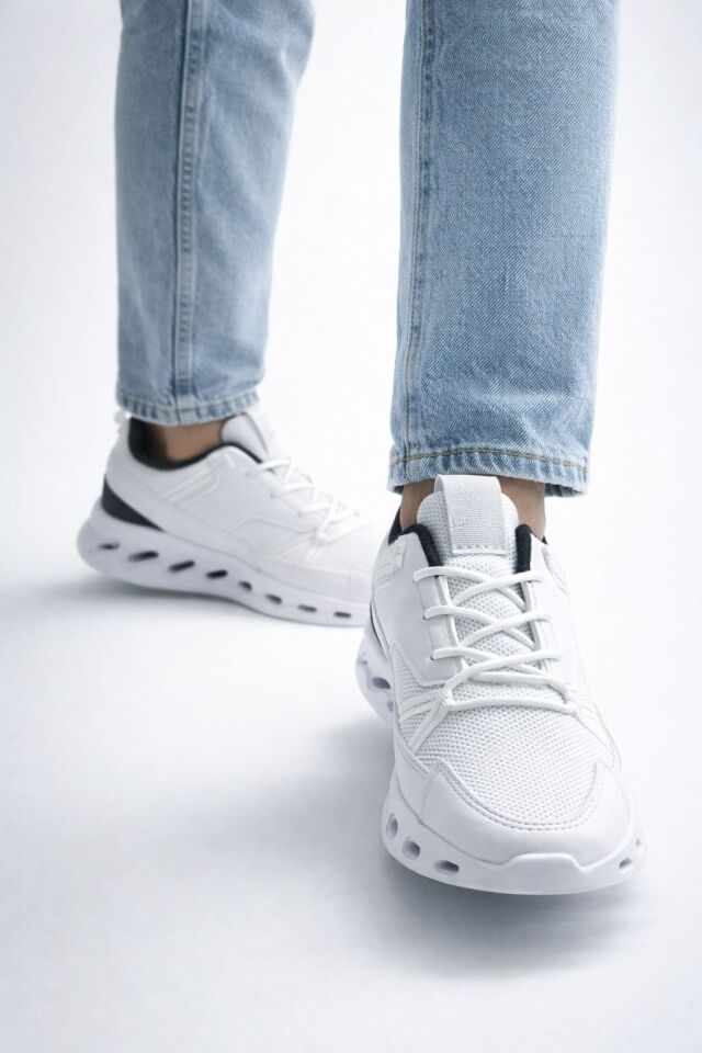 Erkek Beyaz Street Style Sneaker Hafif Esnek Taban Günlük Kullanım Spor Yürüyüş Ayakkabısı BEYAZ-SİYAH - 42