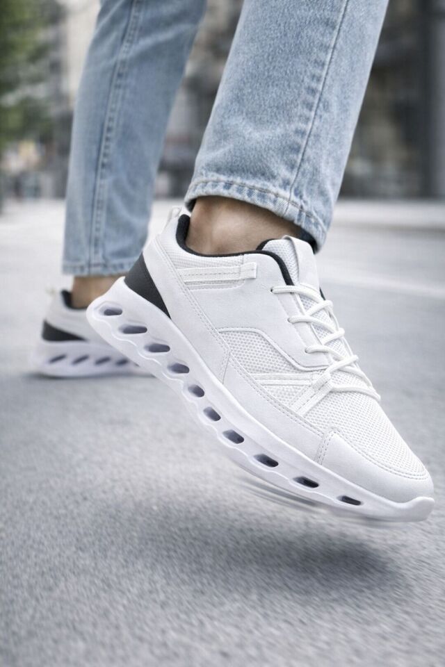 Erkek Beyaz Street Style Sneaker Hafif Esnek Taban Günlük Kullanım Spor Yürüyüş Ayakkabısı BEYAZ-SİYAH - 42
