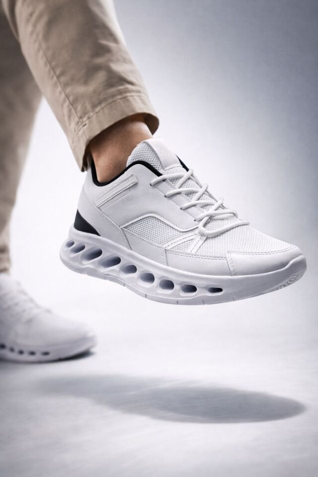 Erkek Beyaz Street Style Sneaker Hafif Esnek Taban Günlük Kullanım Spor Yürüyüş Ayakkabısı BEYAZ-SİYAH - 42