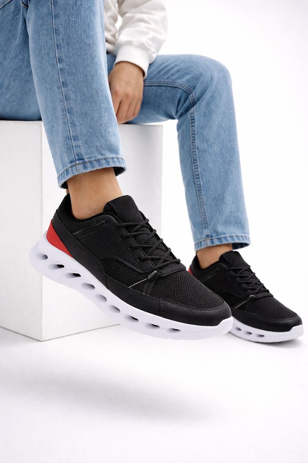 Erkek Beyaz Street Style Sneaker Hafif Esnek Taban Günlük Kullanım Spor Yürüyüş Ayakkabısı SİYAH-BEYAZ - 40