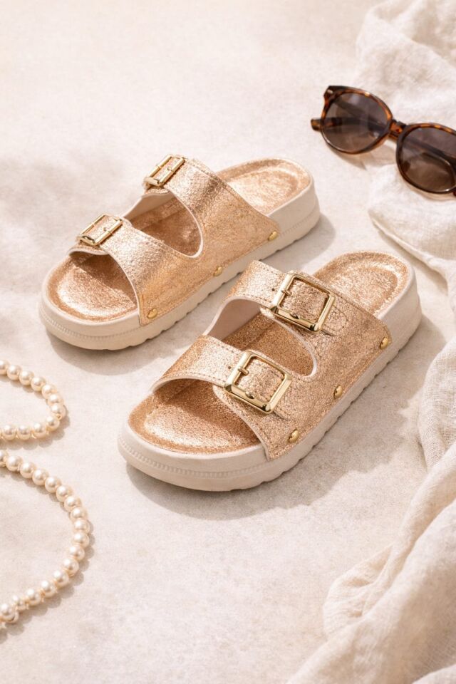 Kadın Çift Tokalı Anatomik- Ortopedik Günlük Terlik - Rahat Taban ALTIN - 40