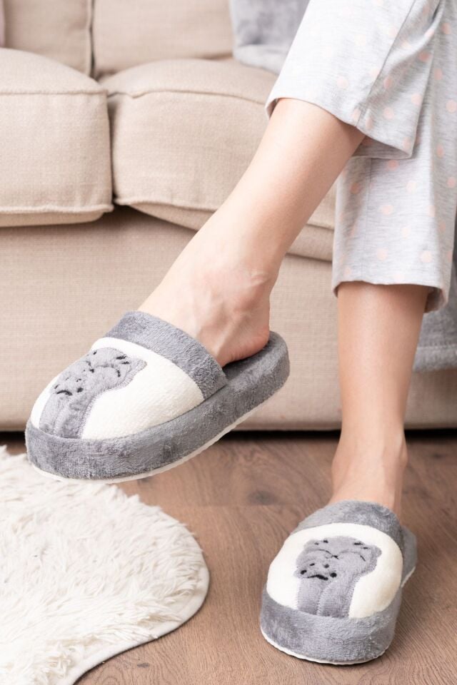 Kadın Kedi Pati Baskılı Kışlık Ev Terliği GRİ - 40