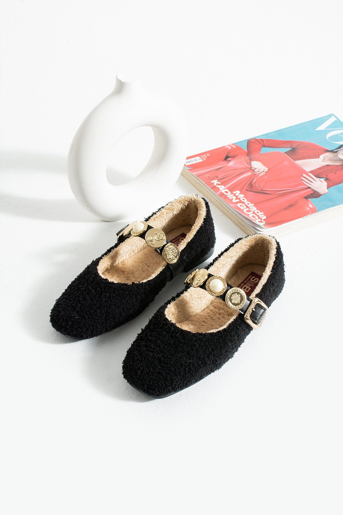 Kadın Peluş Toka Detay Düz Taban Ev Babet SİYAH - 37