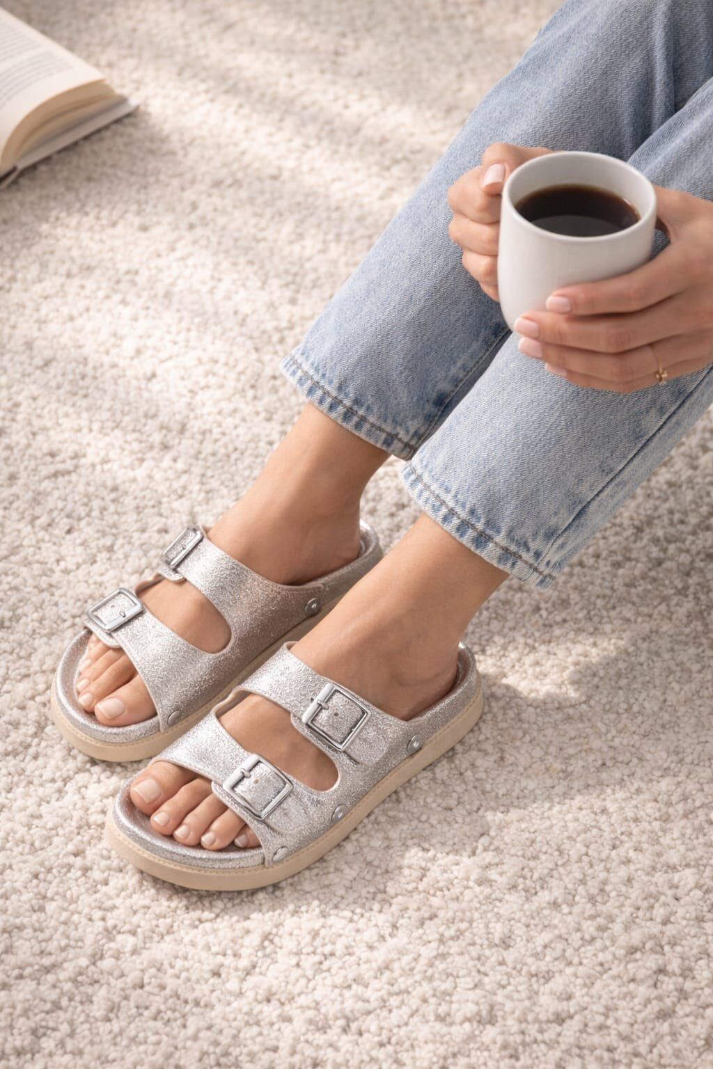 Kadın Çift Tokalı Anatomik- Ortopedik Günlük Terlik - Rahat Taban GÜMÜŞ - 40