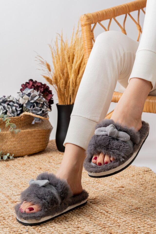 Kadın Peluş Ev Terliği Peluş Ev Terliği Yazlık-Mevsimlik Ev Terliği Tüylü Terlik GRİ - 39