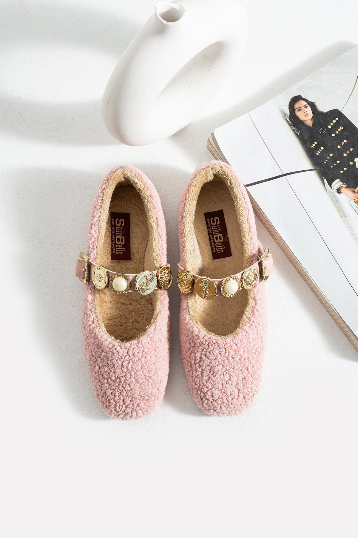 Kadın Peluş Toka Detay Düz Taban Ev Babet PUDRA - 41