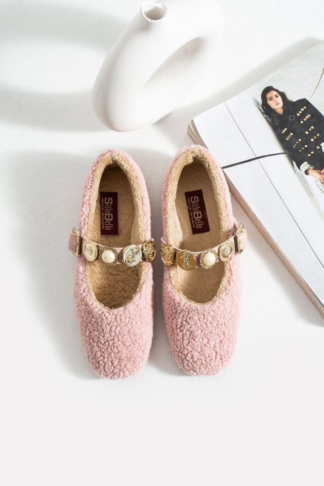 Kadın Peluş Toka Detay Düz Taban Ev Babet PUDRA - 41