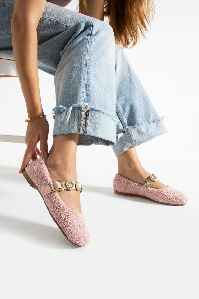 Kadın Peluş Toka Detay Düz Taban Ev Babet PUDRA - 41