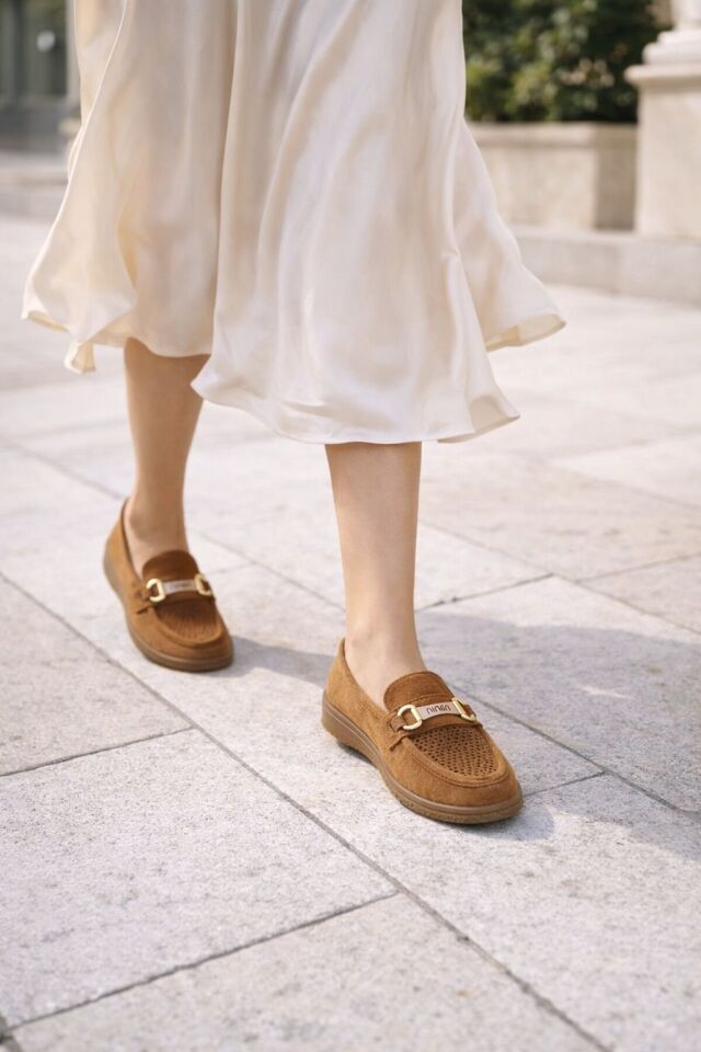 Nima Delikli Süet Gold Aksesuarlı Kadın Wanetti Günlük Rahat Ortapedik Taban Ayakkabı