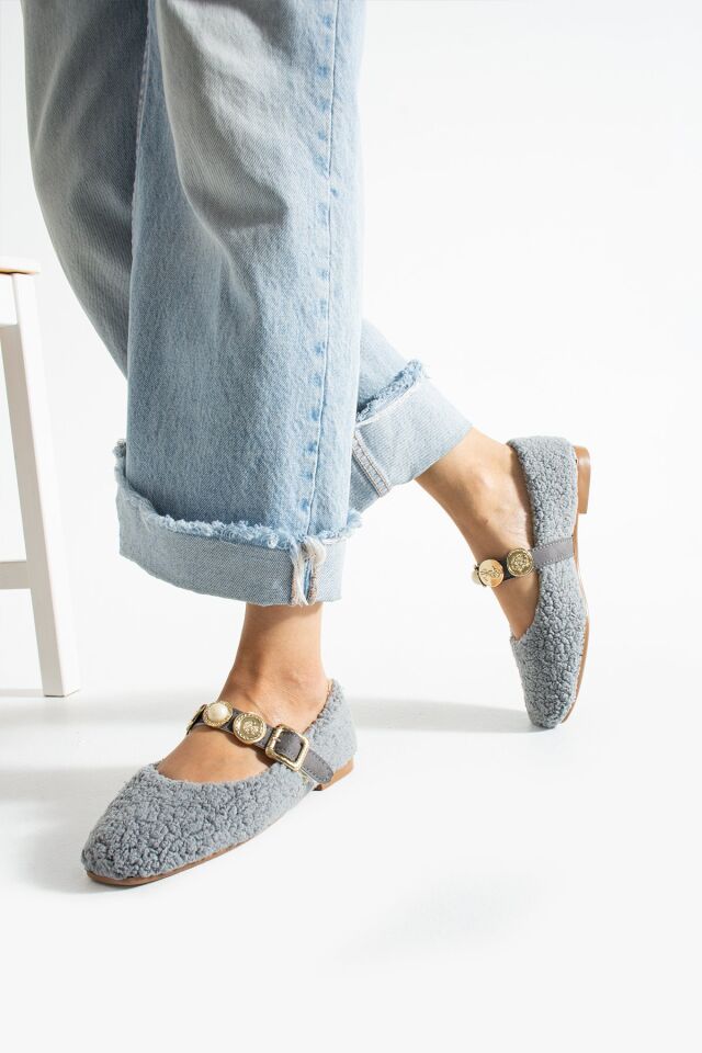 Kadın Peluş Toka Detay Düz Taban Ev Babet GRİ - 40