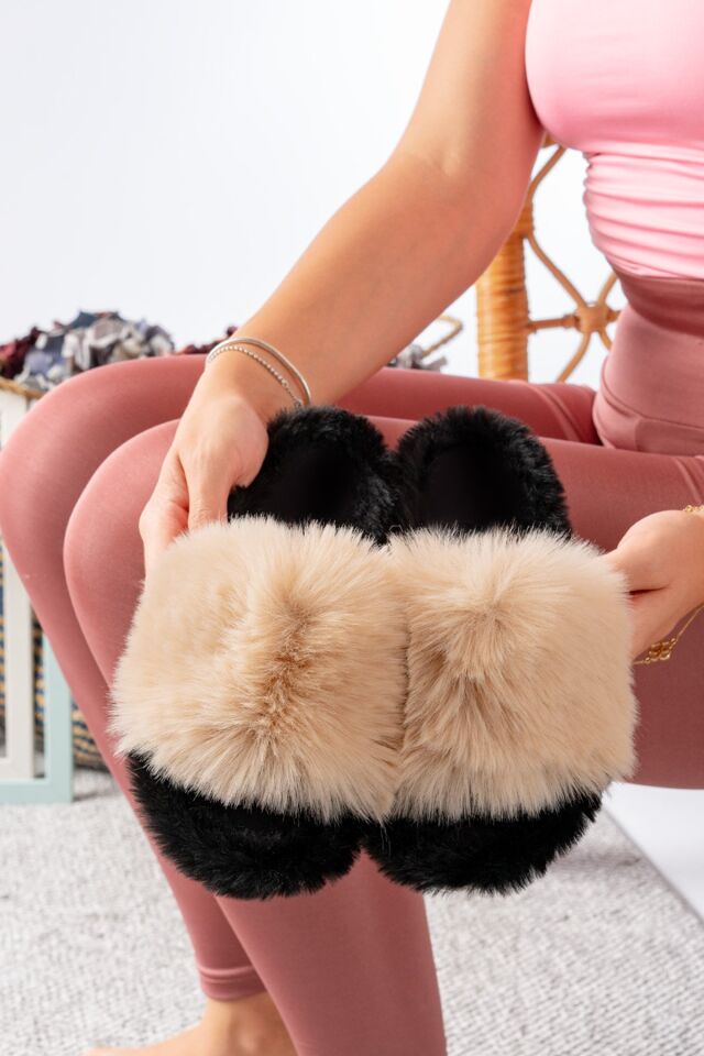 Kadın Peluş Ev Terliği Peluş Ev Terliği Yazlık-Mevsimlik ev terliği Tüylü terlik KREM-BEYAZ - 38
