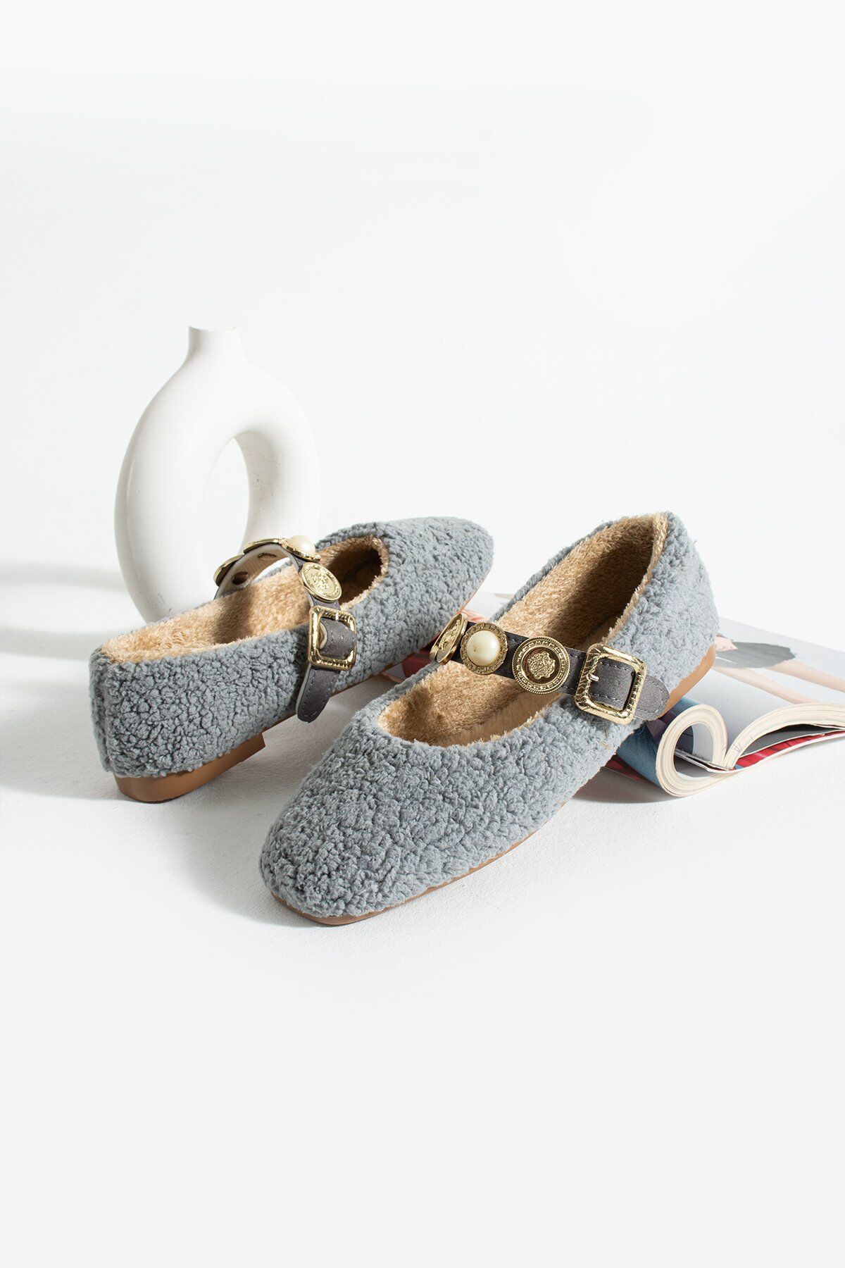 Kadın Peluş Toka Detay Düz Taban Ev Babet GRİ - 41