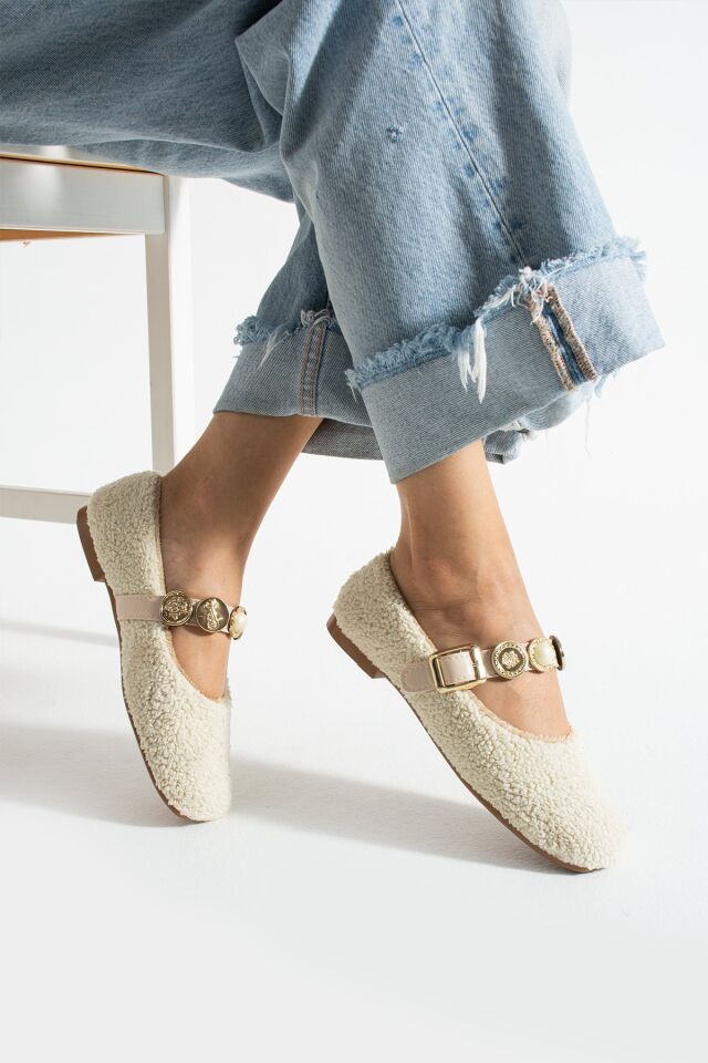 Kadın Peluş Toka Detay Düz Taban Ev Babet KREM - 39