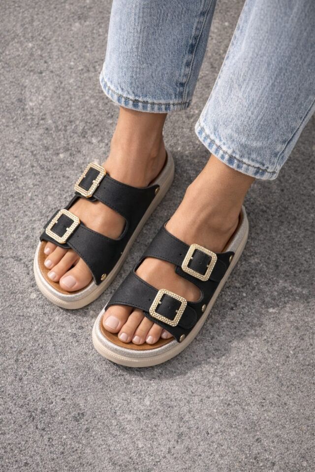 Kadın Çift Tokalı Anatomik- Ortopedik Günlük Terlik - Rahat Taban SİYAH - 40