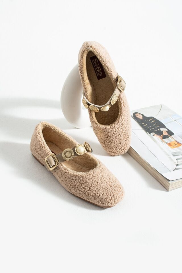 Kadın Peluş Toka Detay Düz Taban Ev Babet VİZON - 36