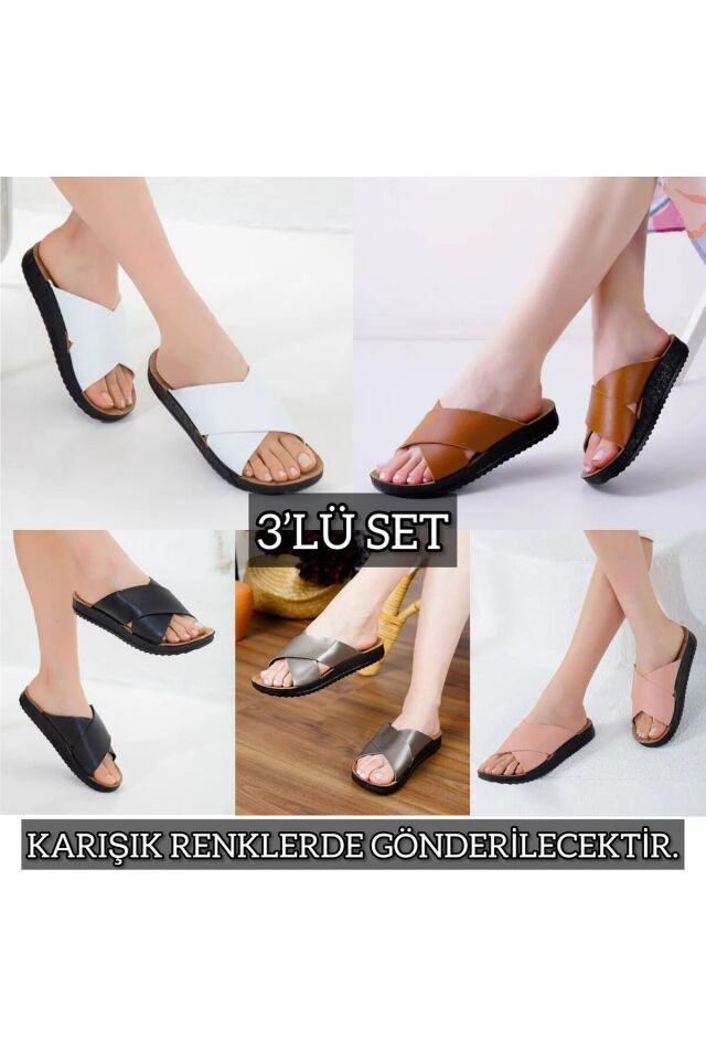 3'lü Kadın Kaymaz Sokak Plaj Banyo Yazlık Gündelik Terlik ÜÇLÜ FLEX ÇAPRAZ - 40