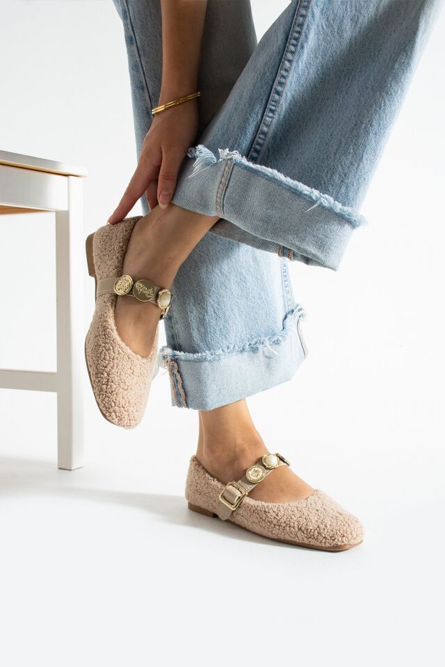 Kadın Peluş Toka Detay Düz Taban Ev Babet VİZON - 41