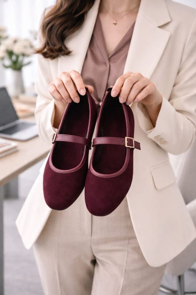Kadın Babet Ayakkabı Kadife Altın Tokalı Ofis Ev ayakkabısı BORDO - 37