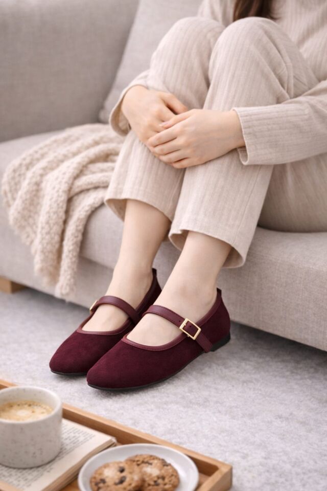 Kadın Babet Ayakkabı Kadife Altın Tokalı Ofis Ev ayakkabısı BORDO - 37