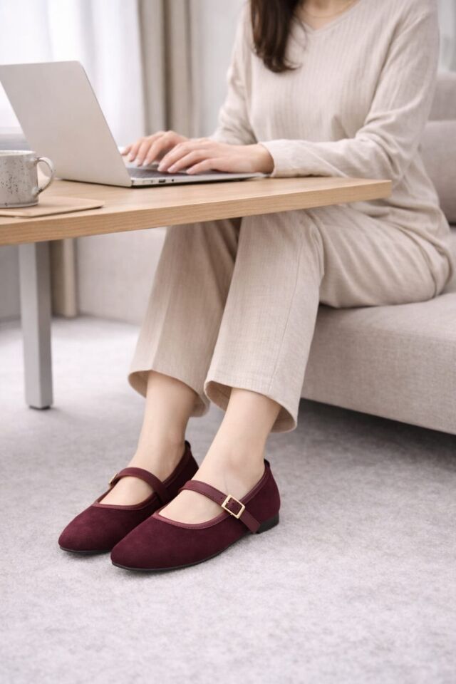 Kadın Babet Ayakkabı Kadife Altın Tokalı Ofis Ev ayakkabısı BORDO - 37