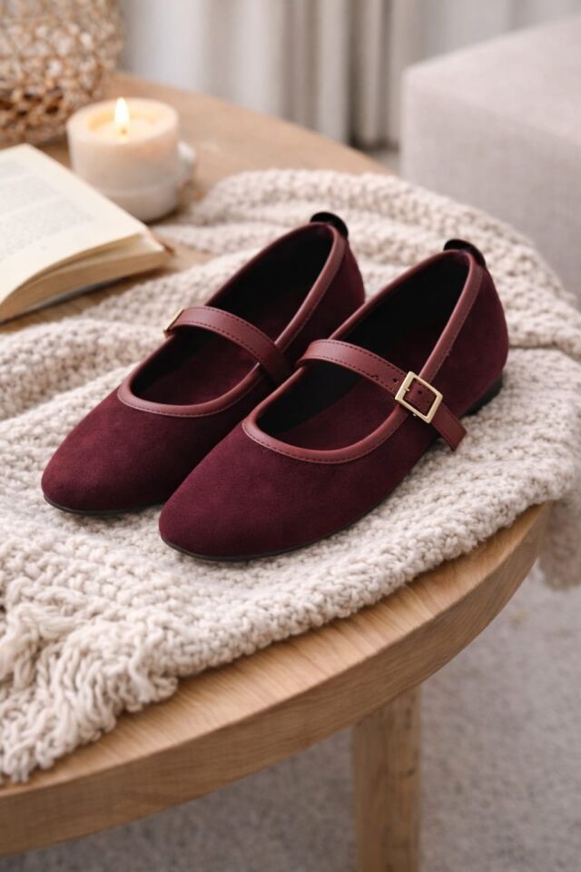 Kadın Babet Ayakkabı Kadife Altın Tokalı Ofis Ev ayakkabısı BORDO - 37