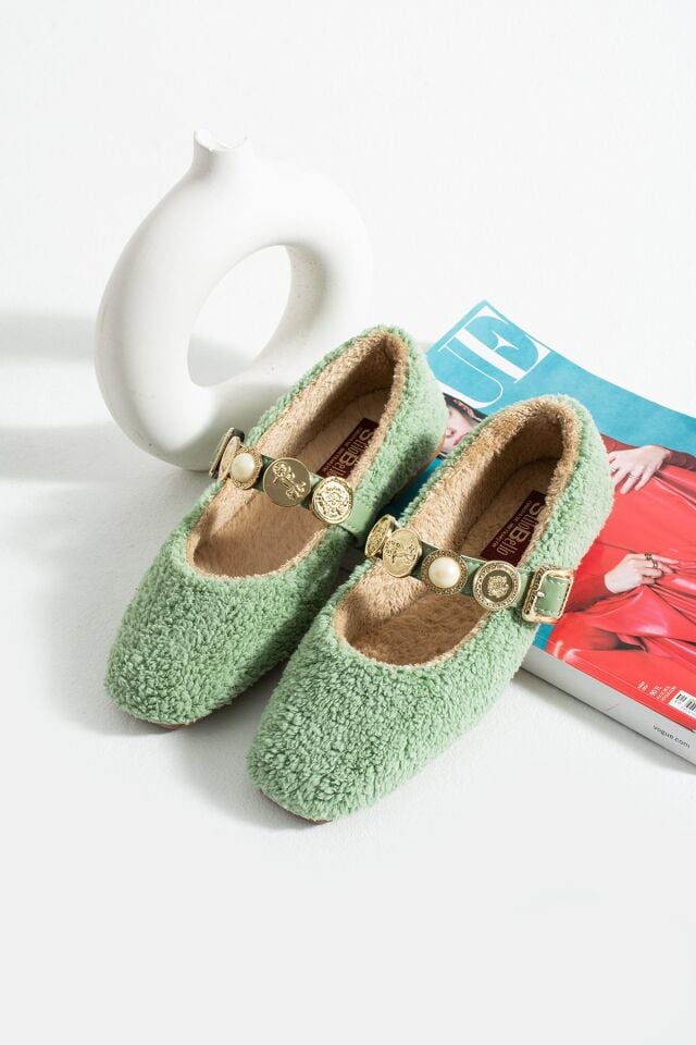 Kadın Peluş Toka Detay Düz Taban Ev Babet YEŞİL - 41