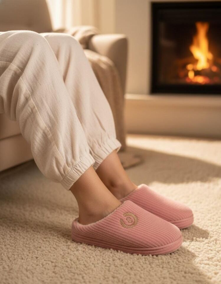 Unisex Nakışlı Kadife Ev Terliği PUDRA - 36-37